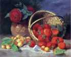 A Basket of Strawberries, Cherries, a Butterfly and Red Roses in a Vase on a Stone Ledge by Eloise Harriet Stannard - Hand-Painted Oil Painting on Canvas Fashion