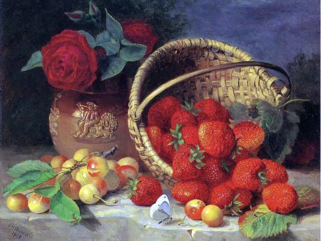 A Basket of Strawberries, Cherries, a Butterfly and Red Roses in a Vase on a Stone Ledge by Eloise Harriet Stannard - Hand-Painted Oil Painting on Canvas Fashion