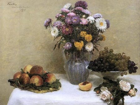 White Roses, Chrysanthemums in a Vase, Peaches and Grapes on a Table with a White Tablecloth by Henri Fantin-Latour - Hand-Painted Oil Painting on Canvas Hot on Sale