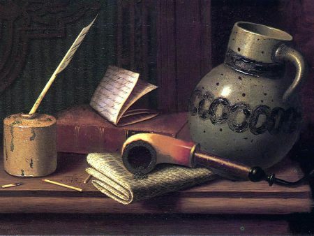 Still Life with Inkwell, Book, Pipe and Stoneware Jug by William Michael Harnett - Hand-Painted Oil Painting on Canvas on Sale