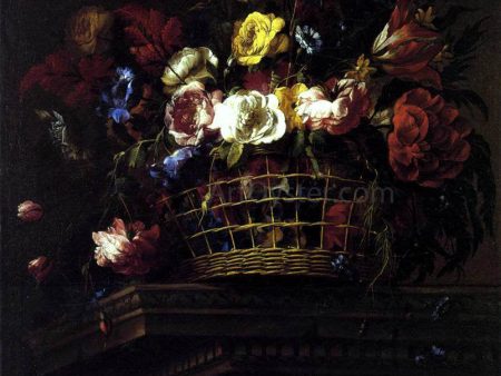 Basket of Flowers on a Plinth by Juan De Arellano - Hand-Painted Oil Painting on Canvas For Discount