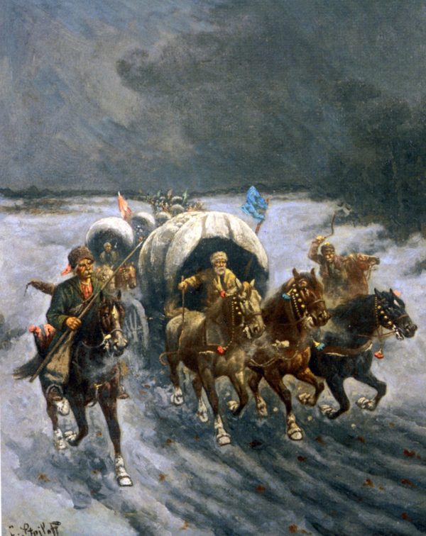 Russian Caravans in the Snow by Constantin Stoiloff - Hand-Painted Oil Painting on Canvas For Cheap