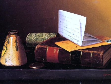 Still Life with Ink Bottle, Book and Letter (also known as Still Life with Universal Gazetteer) by William Michael Harnett - Hand-Painted Oil Painting on Canvas on Sale