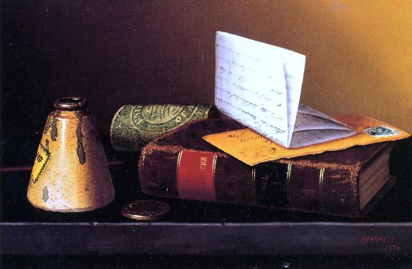 Still Life with Ink Bottle, Book and Letter (also known as Still Life with Universal Gazetteer) by William Michael Harnett - Hand-Painted Oil Painting on Canvas on Sale