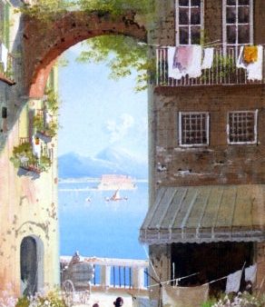 A Flower Market with a View of Castel del Ovo, Naples by Girolamo Gianni - Hand-Painted Oil Painting on Canvas For Sale