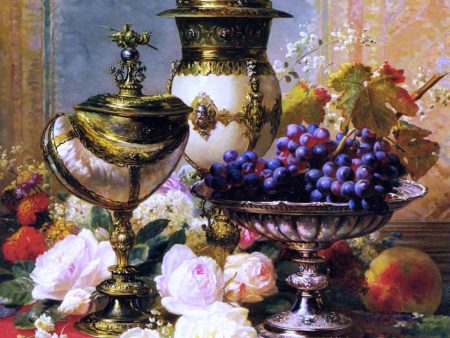 A Still Life with Roses, Grapes and A Silver Inlaid Nautilus Shell by Jean Baptiste Robie - Hand-Painted Oil Painting on Canvas on Sale