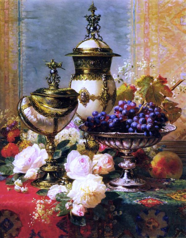 A Still Life with Roses, Grapes and A Silver Inlaid Nautilus Shell by Jean Baptiste Robie - Hand-Painted Oil Painting on Canvas on Sale