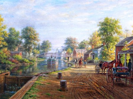 Scene Along Delaware and Hudson Canal by Edward Lamson Henry - Hand-Painted Oil Painting on Canvas on Sale