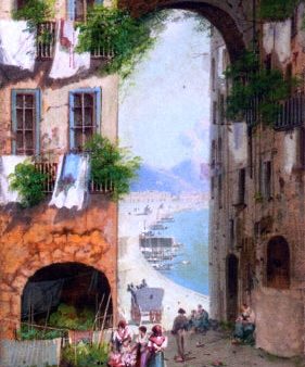 A Flower Market with a View of Vesuvius, Naples by Girolamo Gianni - Hand-Painted Oil Painting on Canvas Online Hot Sale