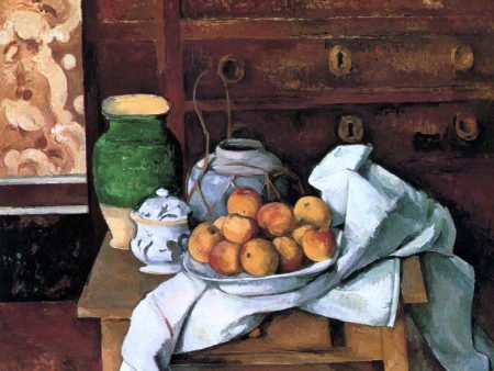 Vessels, Fruit and Cloth in front of a Chest by Paul Cezanne - Hand-Painted Oil Painting on Canvas Cheap