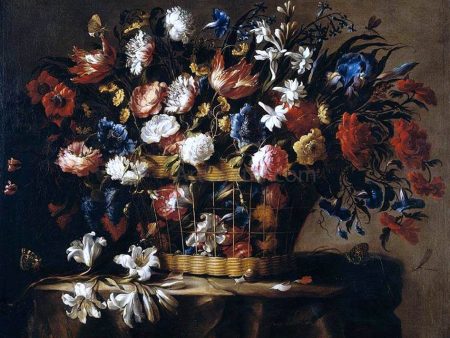 Basket of Flowers by Juan De Arellano - Hand-Painted Oil Painting on Canvas For Sale