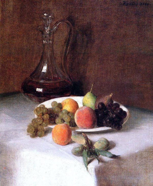 A Carafe of Wine and Plate of Fruit on a White Tablecloth by Henri Fantin-Latour - Hand-Painted Oil Painting on Canvas For Sale