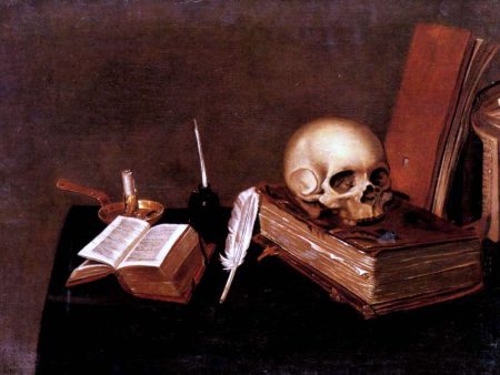 A Vanitas Still Life with a Candle, an Inkwell, a Quill Pen, a Skull and Books by Michael Konrad Hirt - Hand-Painted Oil Painting on Canvas For Sale