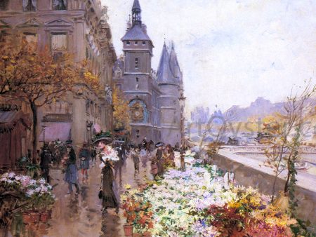 A Flower Market Along the Seine by Georges Stein - Hand-Painted Oil Painting on Canvas Discount