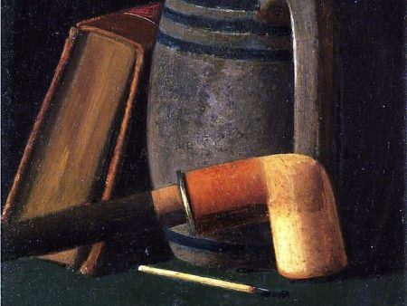 Book, Mug, Pipe and Match by John Frederick Peto - Hand-Painted Oil Painting on Canvas on Sale