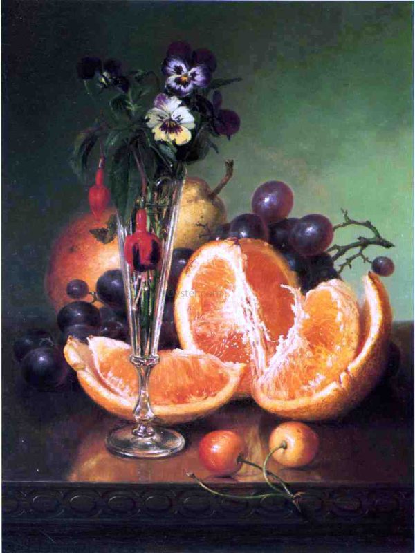 Fruit, Flowers and a Wineglass on a Tabletop by Robert Spear Dunning - Hand-Painted Oil Painting on Canvas For Sale